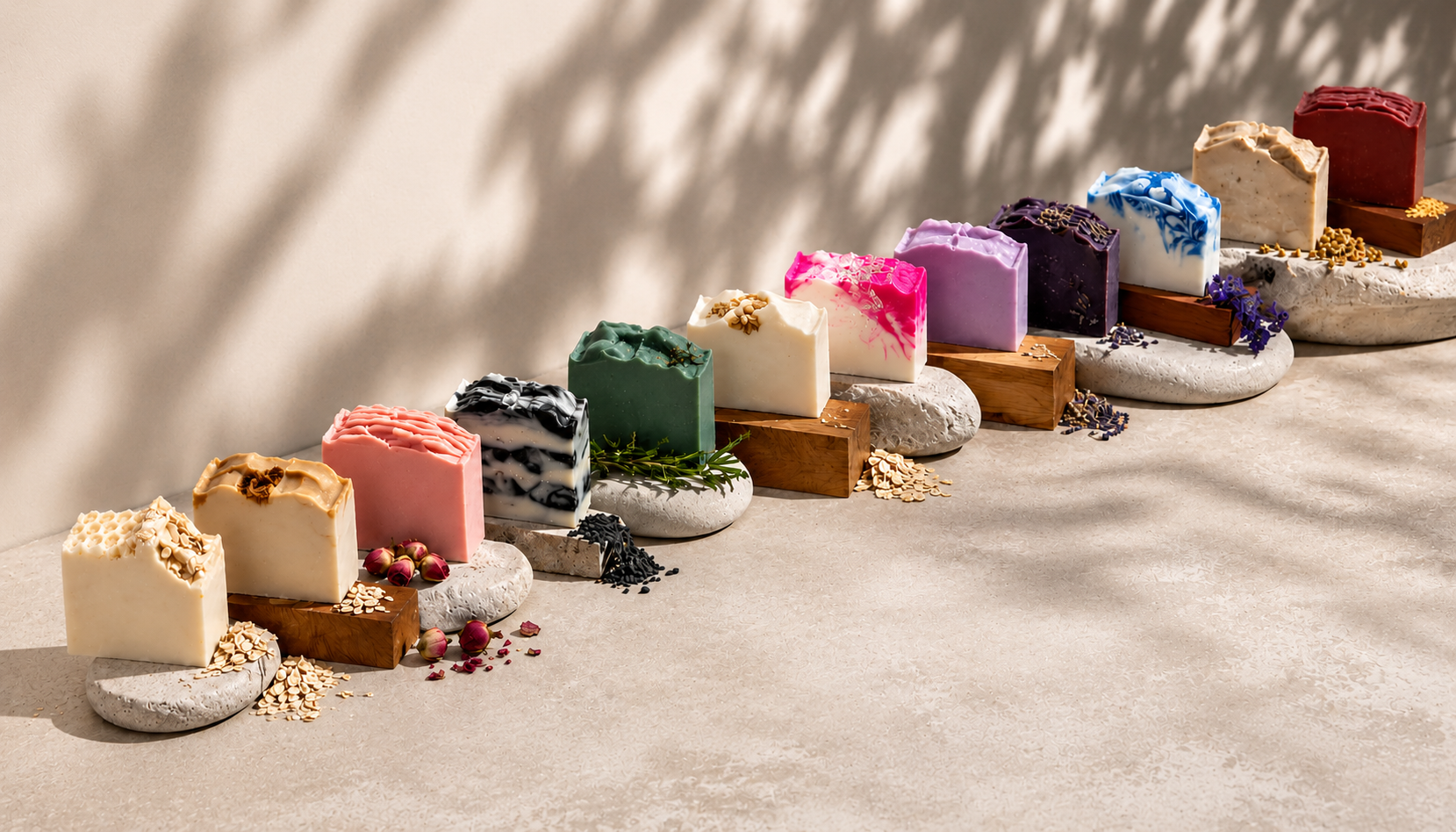 GHAM Naturals soap bars arranged in a premium product lineup on stone and wood risers