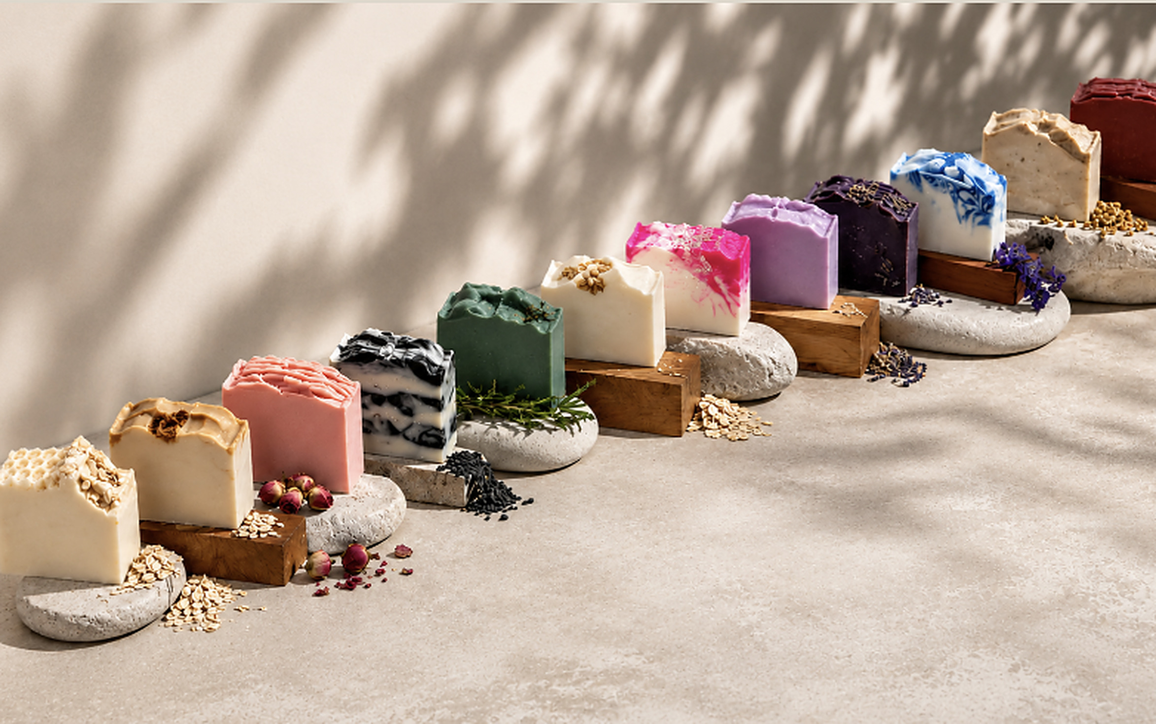 GHAM Naturals soap bars arranged on stone and wood risers in soft natural light