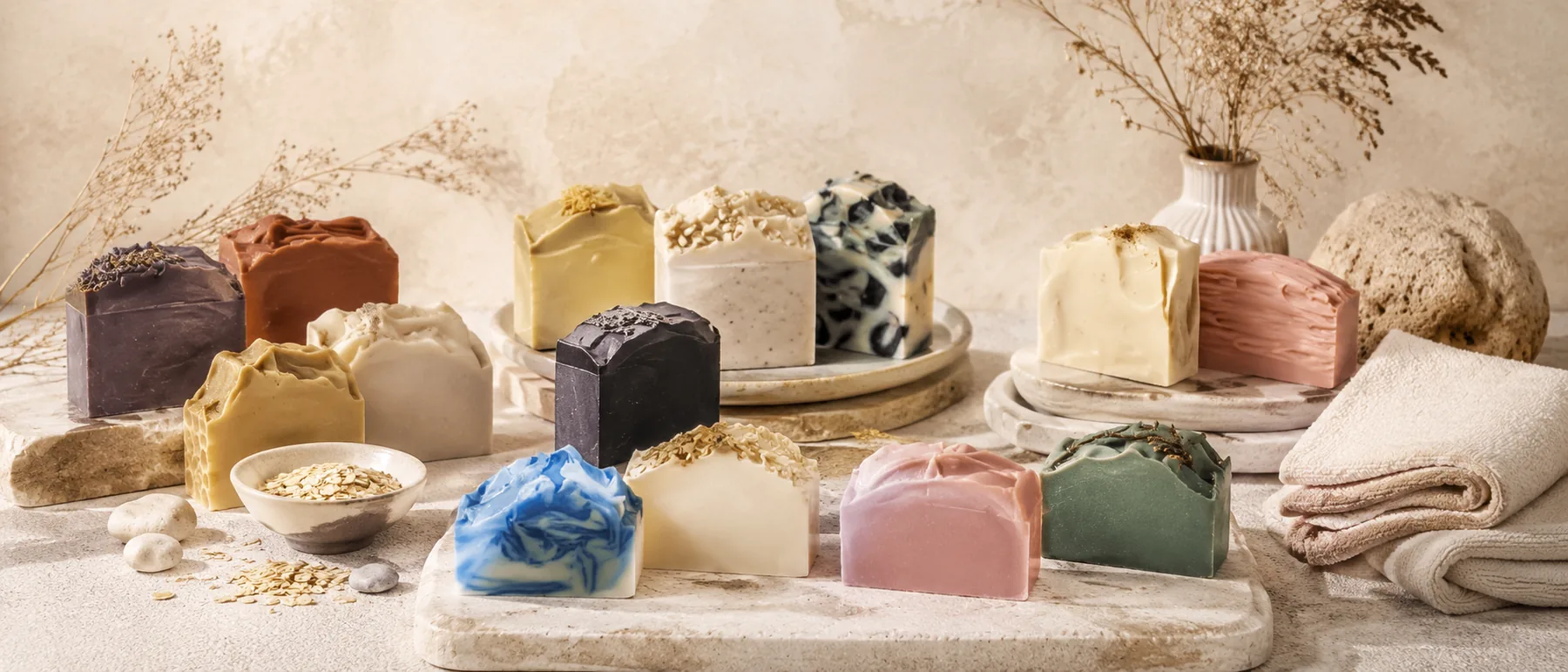 A curated GHAM Naturals collection displayed on stone trays in soft natural light