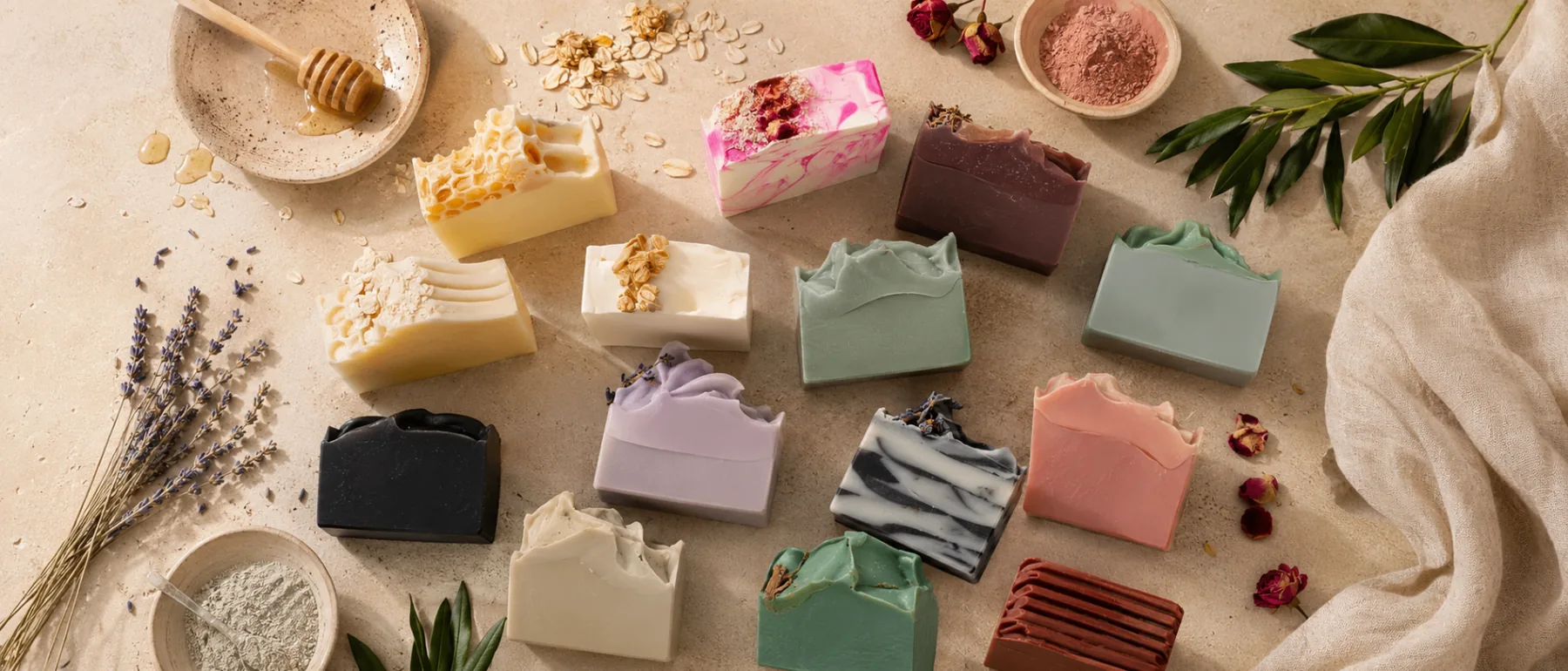 Ingredients and soap bars styled with honey, oats and botanicals