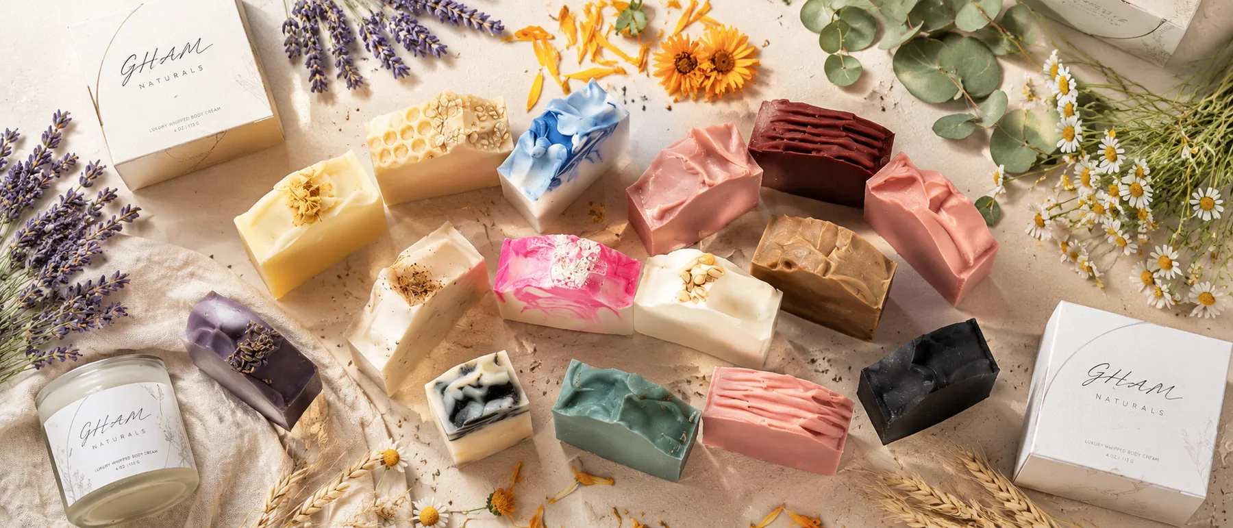 GHAM Naturals soaps, packaging and body cream styled for shipment and gifting